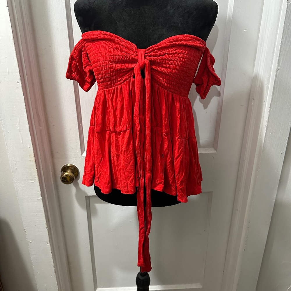 Venus Red Smocked Off Shoulder Top in M